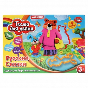 Набор теста для лепки 8 цветов с 4 формочками - Русские Сказки, с валиком и аксессуарами (MultiArt, DM005-RT (48))